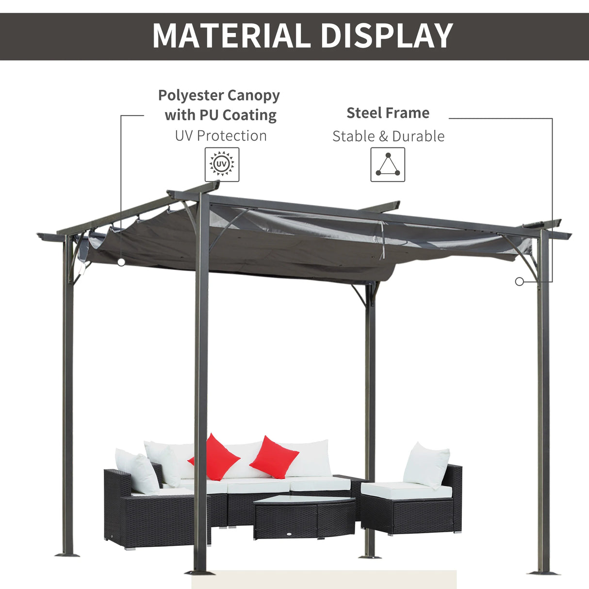 Outsunny 3 x 3(m) Metal Retractable Pergola, Garden Gazebo Metal Pergola Canopy Outdoor Sun Shade Shelter for Party BBQ, Grey