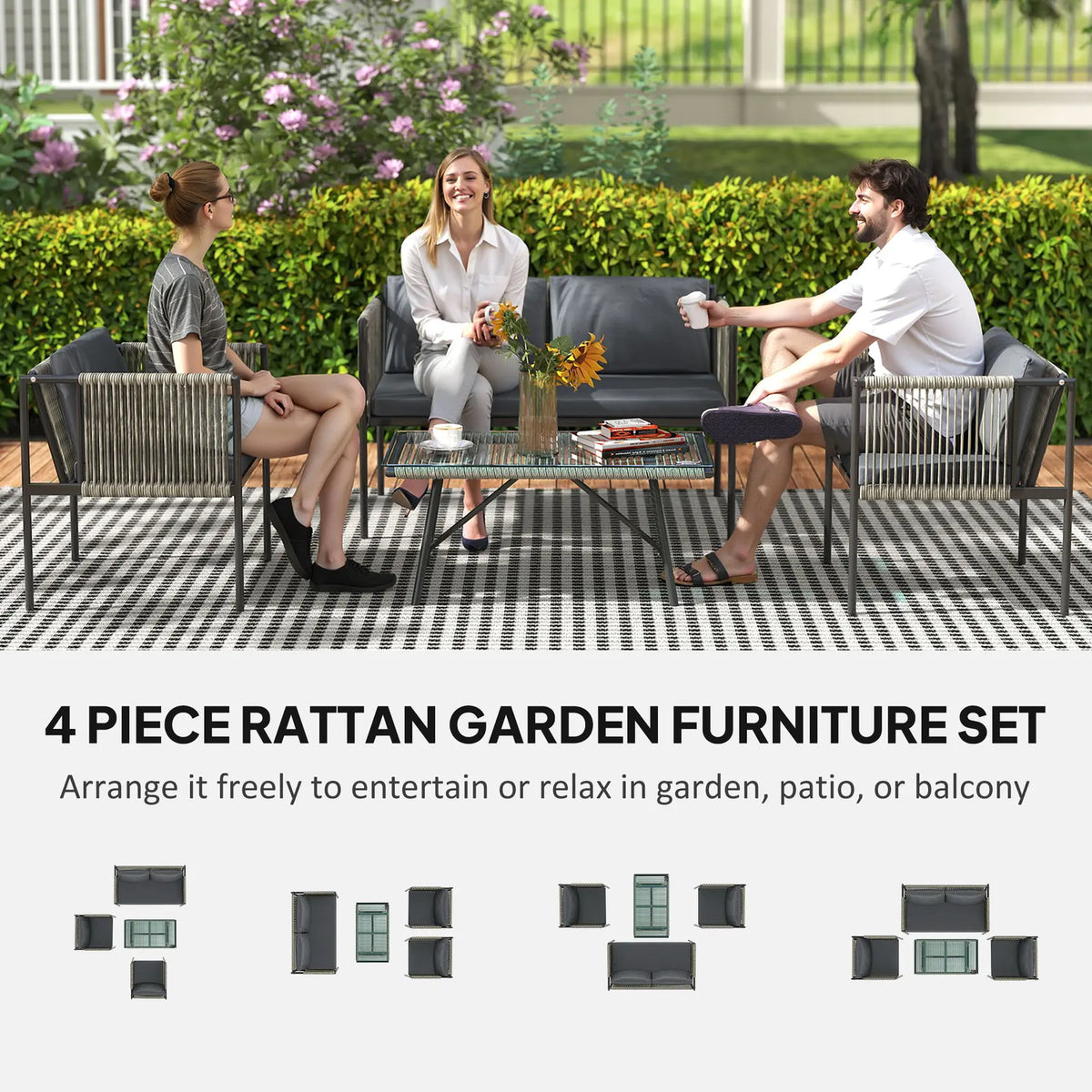 Outsunny Four-Piece Round Rattan Rope Sofa Set - Grey