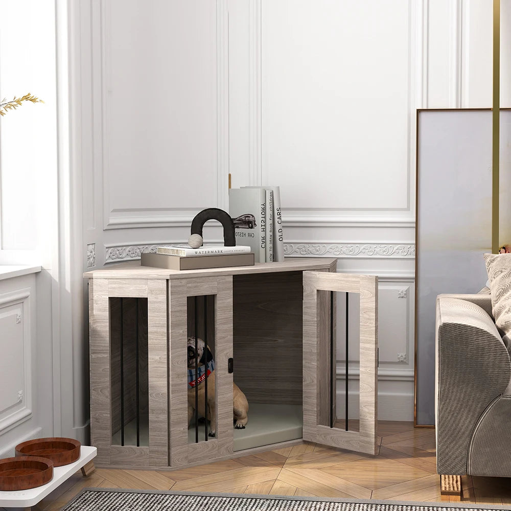 PawHut Dog Crate Furniture Side Table, with Cushion, 104 x 55 x 63cm - Walnut Brown