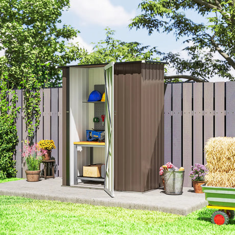 Outsunny 5ft x 3ft Metal Garden Storage Shed, Outdoor Tool Shed with Sloped Roof, Lockable Door for Tools, Equipment, Brown