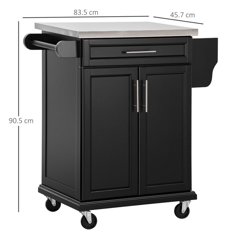 HOMCOM Wooden Kitchen Island on Wheels, Serving Cart Storage Trolley with Stainless Steel Top, Drawer, Side Handle and Rack, Black