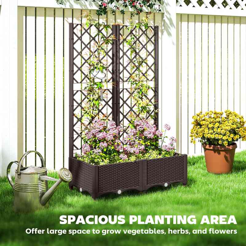 Outsunny Raised Garden Bed with Trellis, Plastic Planter Box with Drainage Holes and Drain Plugs for Climbing Plants, Vegetables, Flowers, Brown