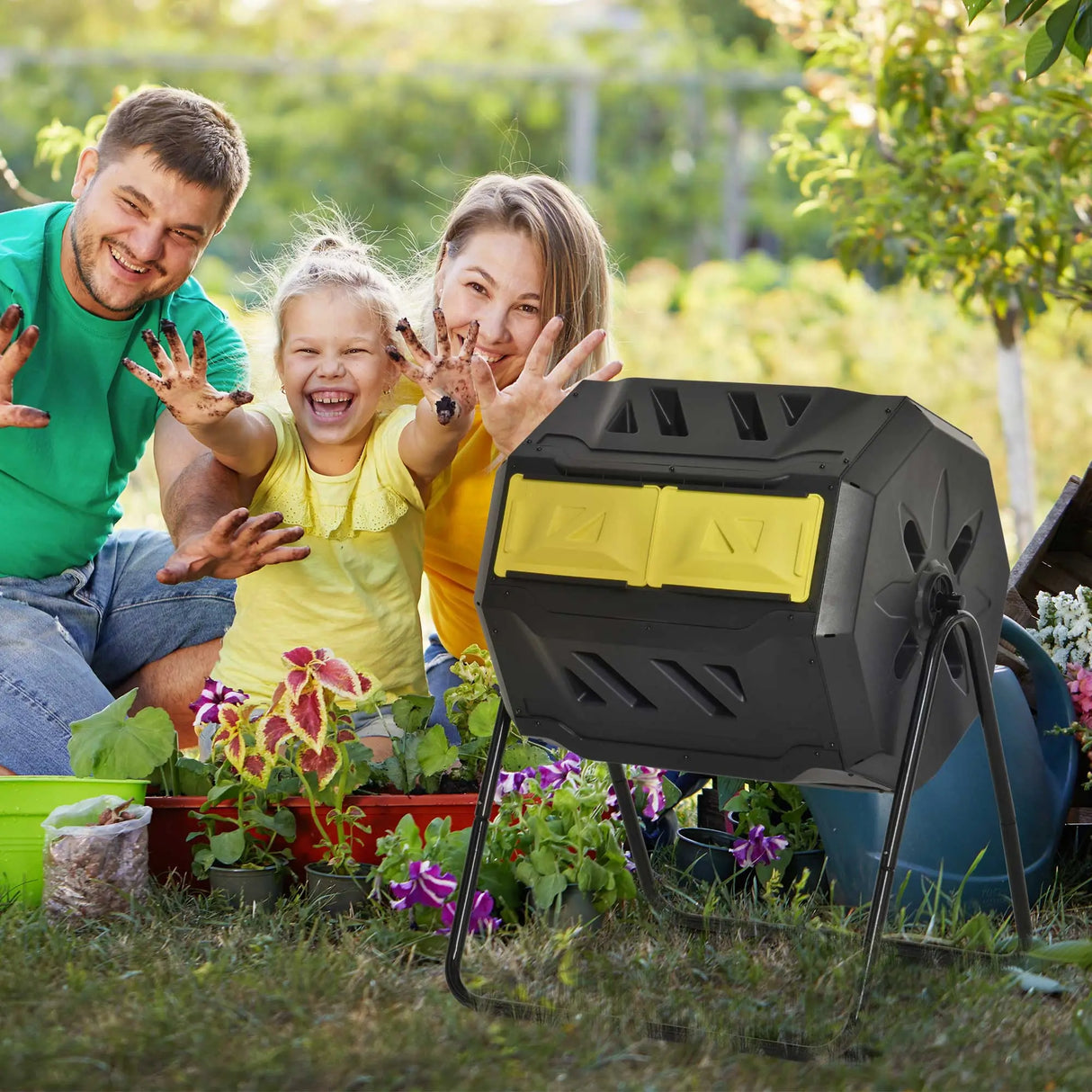Outsunny 160L 360 Rotating Dual Chamber Composter - Yellow
