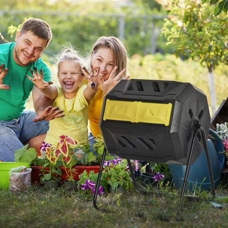 Outsunny 160L 360 Rotating Dual Chamber Composter - Yellow