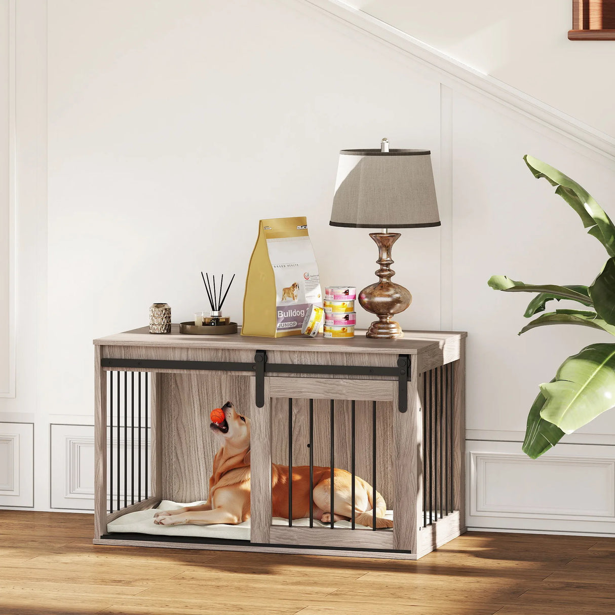 PawHut 98cm Dog Crate Furniture with Removable Cushion for Large Dogs - Brown