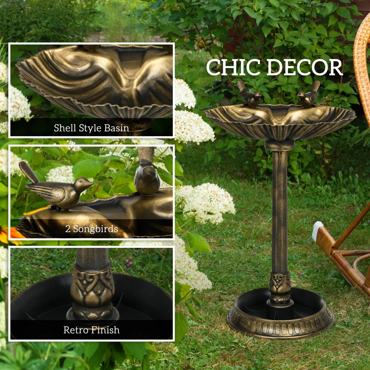 Outsunny 81cm Tall Bird Bath with 2 Decorative Birds, Vintage Style Birdbath with Flower Planter Base, Bird Bath Bowl for Garden, Bronze Tone