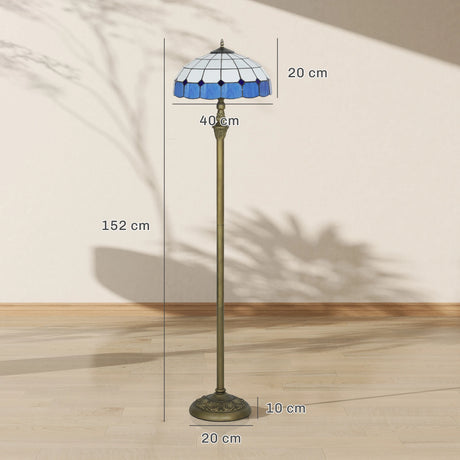 HOMCOM Tiffany-Style Floor Lamp with Handcrafted Stained Glass Shade, 152cm Tall Vintage Standing Lamp with Foot Switch and Dual Sockets for Living Room Bedroom, Bronze Tone and Blue