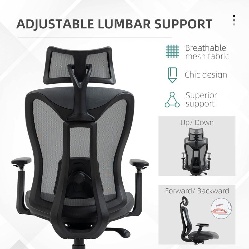 Vinsetto Mesh Office Chair, Ergonomic Desk Chair, Computer Chair with Adjustable Headrest and Lumbar Support, 135 Reclining Back and 3D Armrest for Home Office Study, Grey
