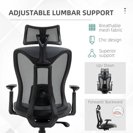Vinsetto Mesh Office Chair, Ergonomic Desk Chair, Computer Chair with Adjustable Headrest and Lumbar Support, 135 Reclining Back and 3D Armrest for Home Office Study, Grey