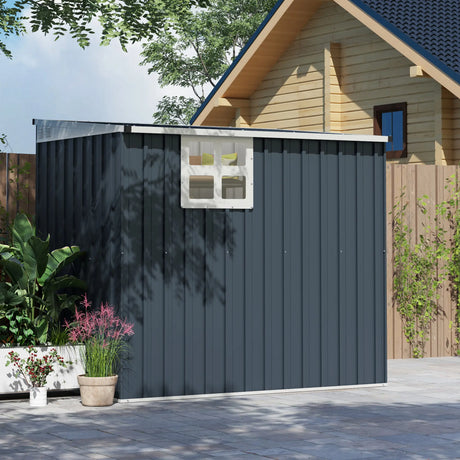 Outsunny 4 x 6ft Garden Metal Shed, Outdoor Storage Shed with Window, 2 Vents and Lockable Door for Garden, Patio, Dark Grey