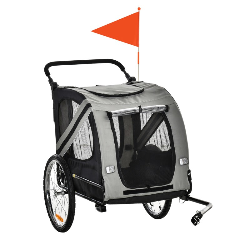 PawHut 2-In-1 Pet Bike Trailer Dog Stroller Pushchair with Universal Wheel Reflector Flag Grey