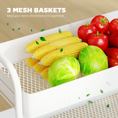 HOMCOM 3-Tier Storage Trolley on Wheels, Rolling Utility Cart with Mesh Backets for Kitchen, Bathroom, Bedroom, White