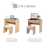 HOMCOM Dressing Table with Flip-Up Mirror and Cushioned Stool, Makeup Vanity Desk with Hidden Compartments and Storage Drawer, Convertible Writing Table for Bedroom, Natural