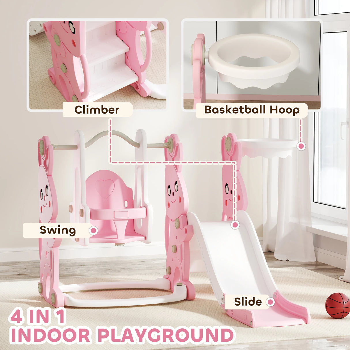 AIYAPLAY 4 in 1 Kids Slide and Swing Set with Climber, Basketball Hoop, Rabbit-Themed, Pink