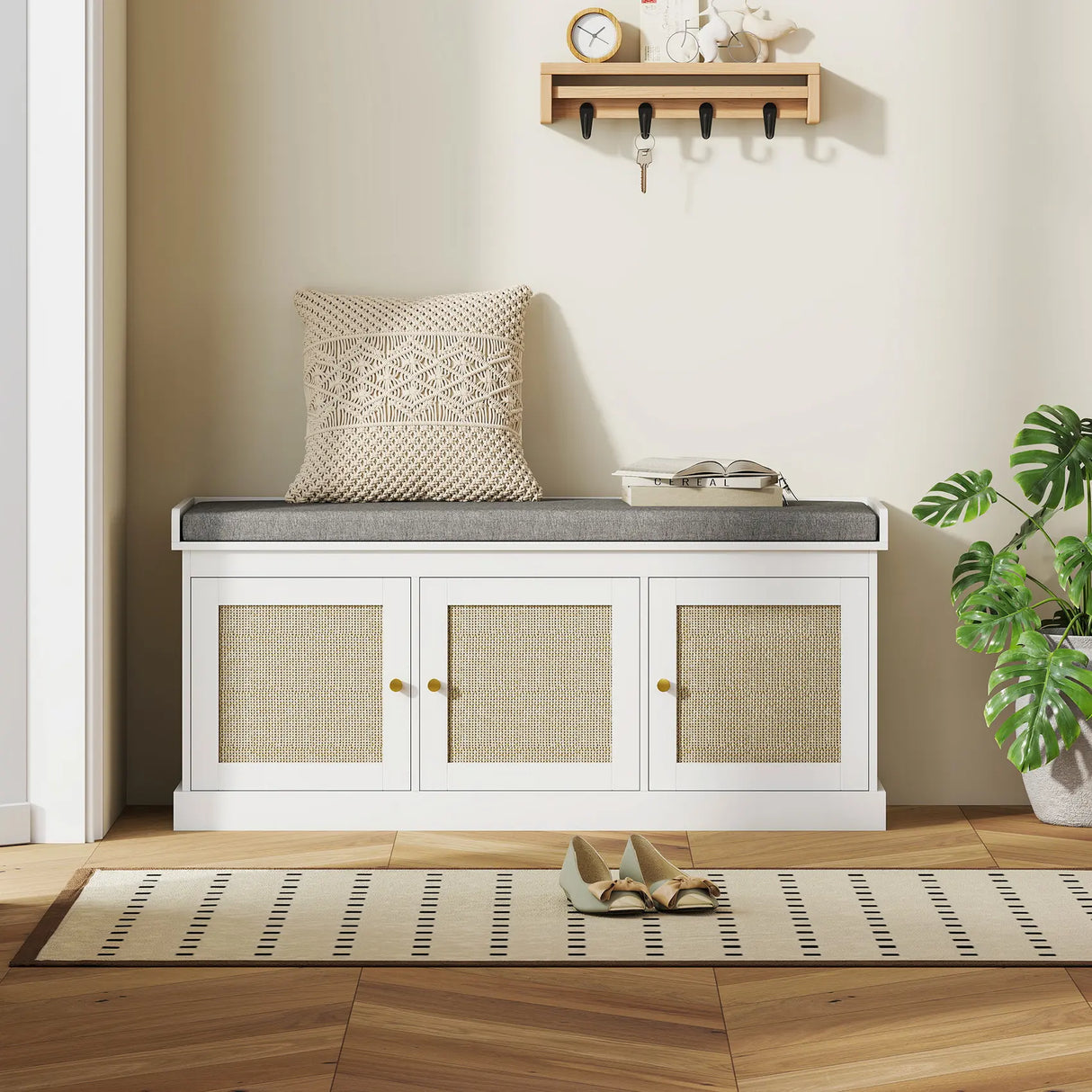 HOMCOM Shoe Storage Bench with Woven Rattan Doors, Seat - White