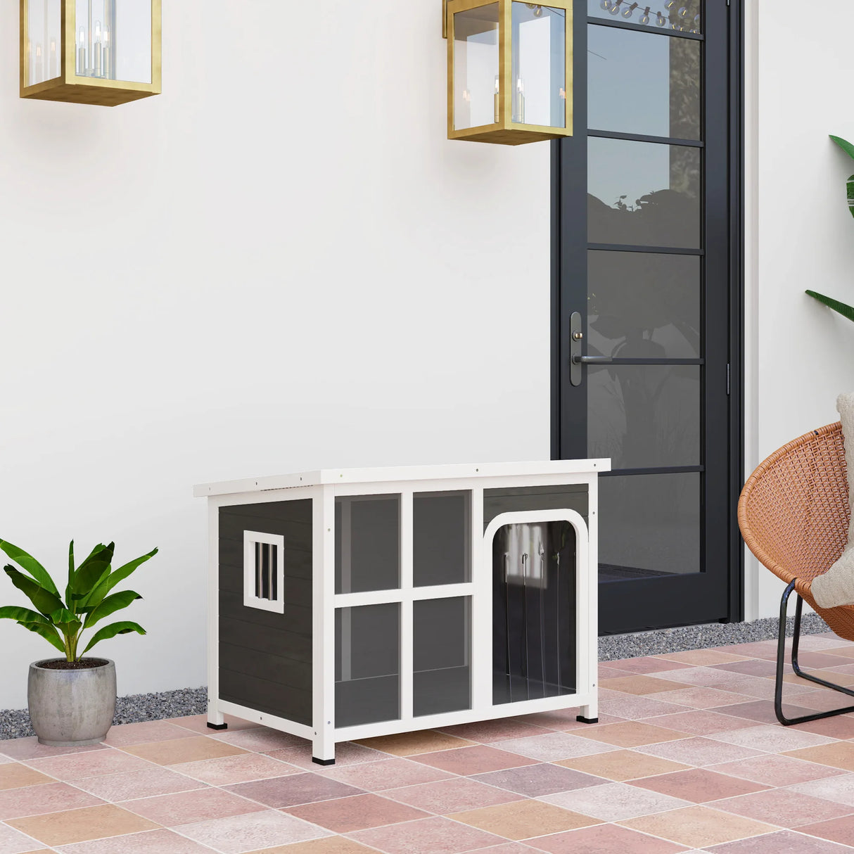 PawHut Wooden Outdoor Dog House with Asphalt Openable Top, Removable Floor, Clear Front Panel, Curtain, Light Grey