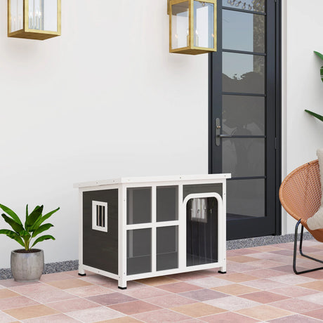 PawHut Wooden Outdoor Dog House with Asphalt Openable Top, Removable Floor, Clear Front Panel, Curtain, Light Grey