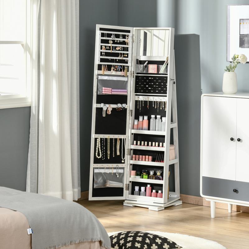 HOMCOM 360 Swivel Jewellery Cabinet with Full Length Mirror, Lockable Jewellery Organiser with Built-in Makeup Mirror and Storage Shelves for Bedroom, White