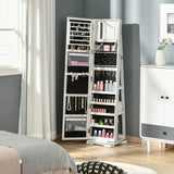 HOMCOM 360 Swivel Jewellery Cabinet with Full Length Mirror, Lockable Jewellery Organiser with Built-in Makeup Mirror and Storage Shelves for Bedroom, White