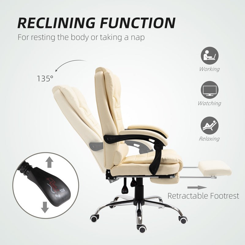 HOMCOM Executive Office Chair, PU Leather High Back Desk Chair with Adjustable Height, Recliner Computer Swivel Chair with Footrest for Home Office, Cream White