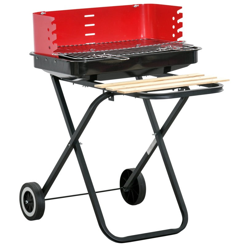 Outsunny Charcoal Trolley BBQ Barbecue Grill Patio Camping Picnic Garden Party Outdoor Cooking with Windshield, Wheels Side Trays, Black/Red