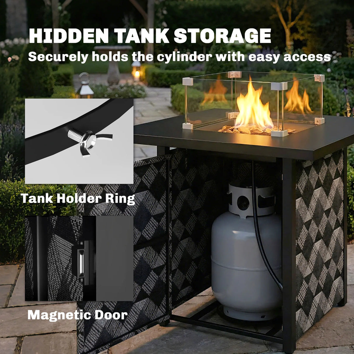 Outsunny Square Propane Gas Fire Pit Table,12 KW Firepit Outdoor Patio Heater with Glass Wind Guard, Lava Rocks, Gas Tank Holder