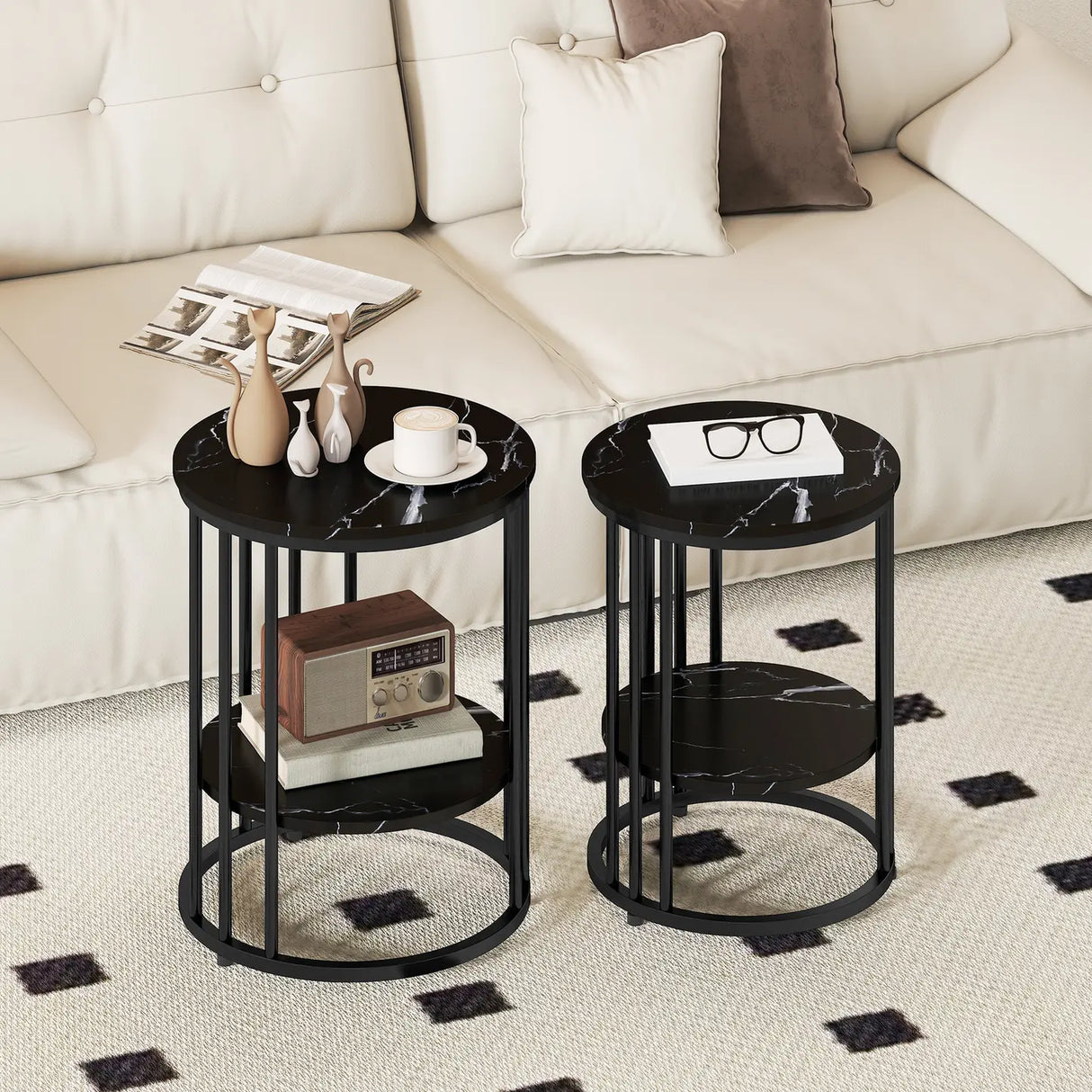 HOMCOM Set of Two Marble-Effect Coffee Tables - Black