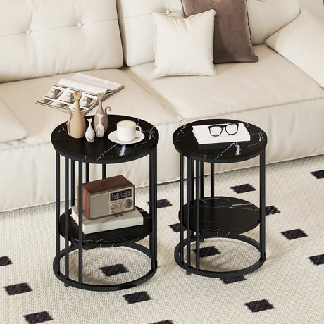 HOMCOM Set of Two Marble-Effect Coffee Tables - Black