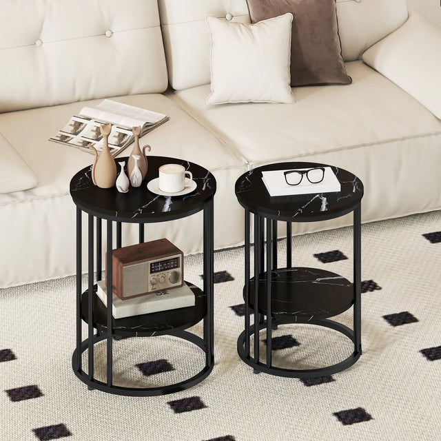 HOMCOM Set of Two Marble-Effect Coffee Tables - Black