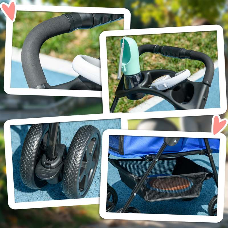 PawHut Dog Pram Dog Stroller Foldable Pet Pushchair with 4 Wheels, Safety Leashes, Cup Holder for Small Dogs, Blue