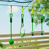 AIYAPLAY 3 Piece Kids Zip Line Kit for Garden, 10m Kids Slackline Kit with Wooden Monkey Bars, Metal Rings, Gripping Balls, Green