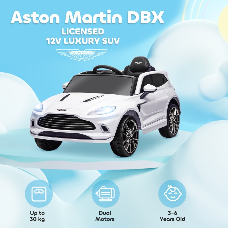 AIYAPLAY Aston Martin DBX Licensed Battery Powered Kids Electric Car, 12V Kids Ride on Car w/ Lights, Music Horn, White