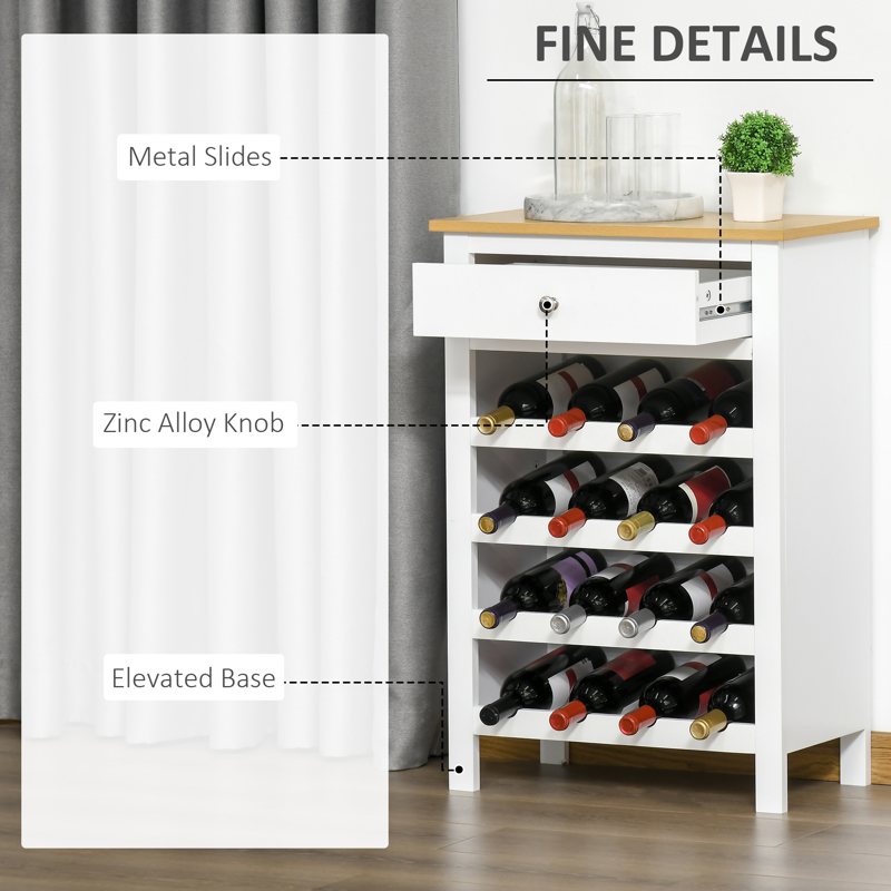 HOMCOM Modern Wine Cabinet Cupboard with 16-Bottle Wine Rack, Kitchen Sideboard with drawer for Living & Dining Room, Home Bar, White