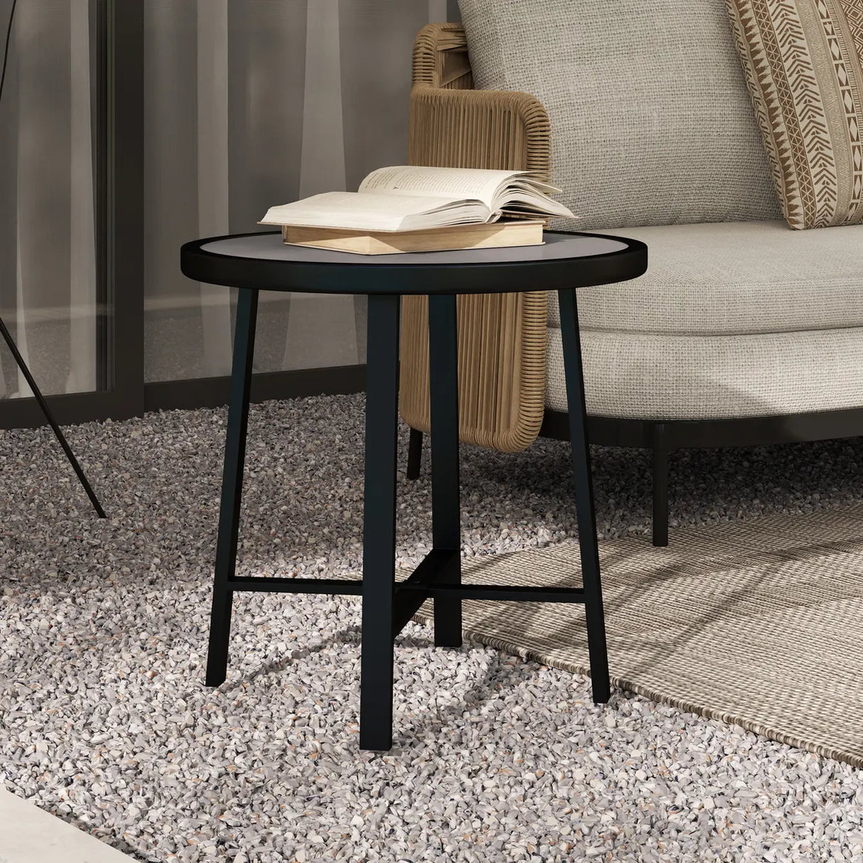 Outsunny Round Small Garden Table, 50.5cm Outdoor Side Table with SPC Tabletop, Metal Frame and Anti-slip Foot Pads for Garden, Balcony, Grey Wood Effect