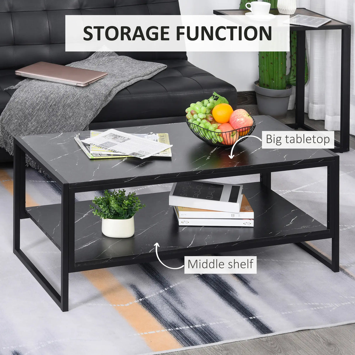 HOMCOM Coffee Table, Two-Tier Faux Marble Effect Centre Table with Metal Frame and Storage Shelf for Living Room, 106 x 50 x 45cm, Black
