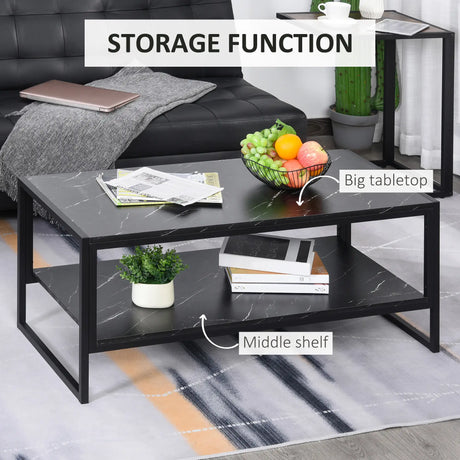 HOMCOM Coffee Table, Two-Tier Faux Marble Effect Centre Table with Metal Frame and Storage Shelf for Living Room, 106 x 50 x 45cm, Black
