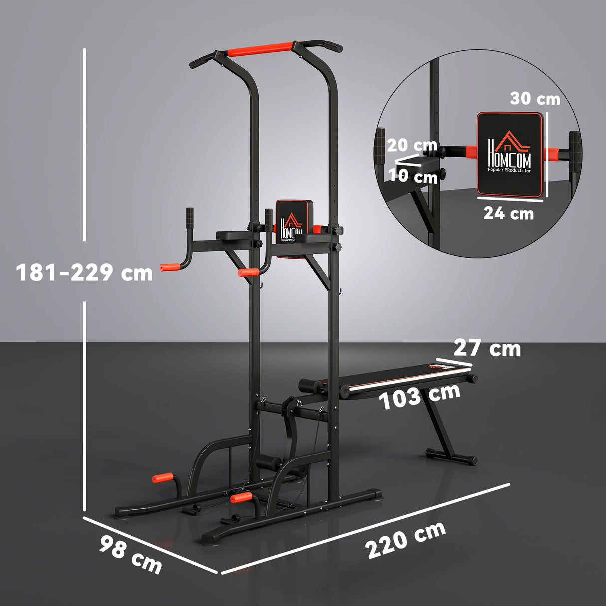 HOMCOM Multifunction Power Tower Home Workout Dip Station w/ Sit-up Bench Push-up Bars and Tension Ropes Fitness Equipment Office Gym Training