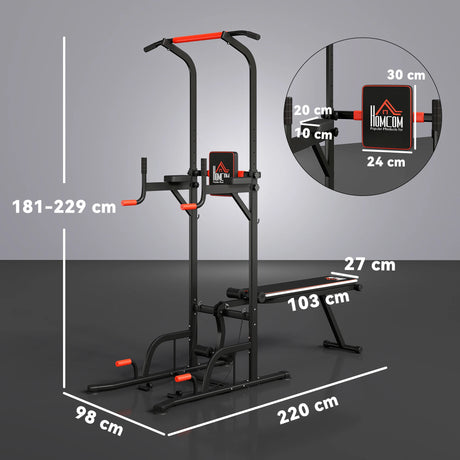 HOMCOM Multifunction Power Tower Home Workout Dip Station w/ Sit-up Bench Push-up Bars and Tension Ropes Fitness Equipment Office Gym Training