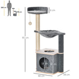 PawHut Cat Tree for Indoor Cats 95cm Climbing Tower Kitten Activity Center with Sisal Scratching Post Perch Roomy Condo Hammock Removable Felt Hanging Toy, Grey
