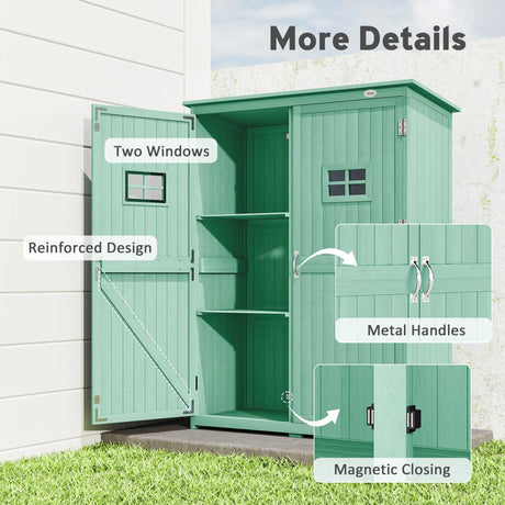 Outsunny Wooden Garden Shed with Two Windows, Tool Storage Cabinet, Outdoor Double Door organiser 127.5L x 50W x 164H cm, Green