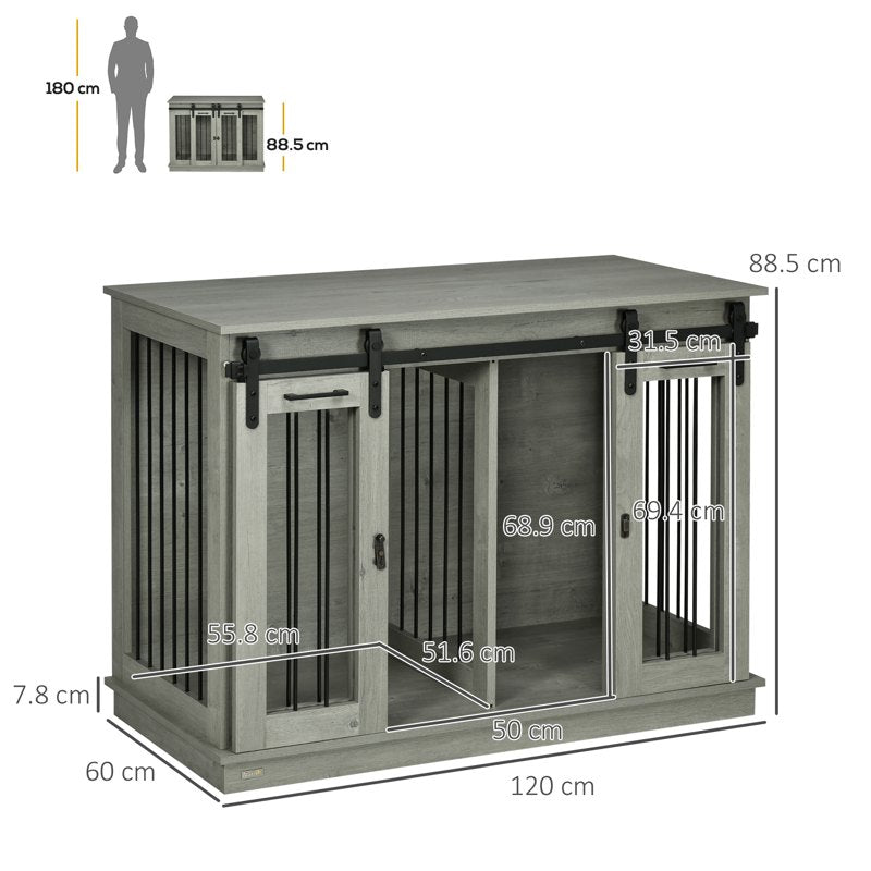 PawHut Dog Crate Furniture for Large Dogs, Double Dog Cage for Small Dogs, with Divider - Grey