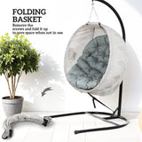 Outsunny Hanging Egg Chair Outdoor Indoor Garden Swing Chair with Folding Basket, Garden Hanging Chair with Stand, Thickened Cushion, Cup Holder for Patio, Balcony, Grey