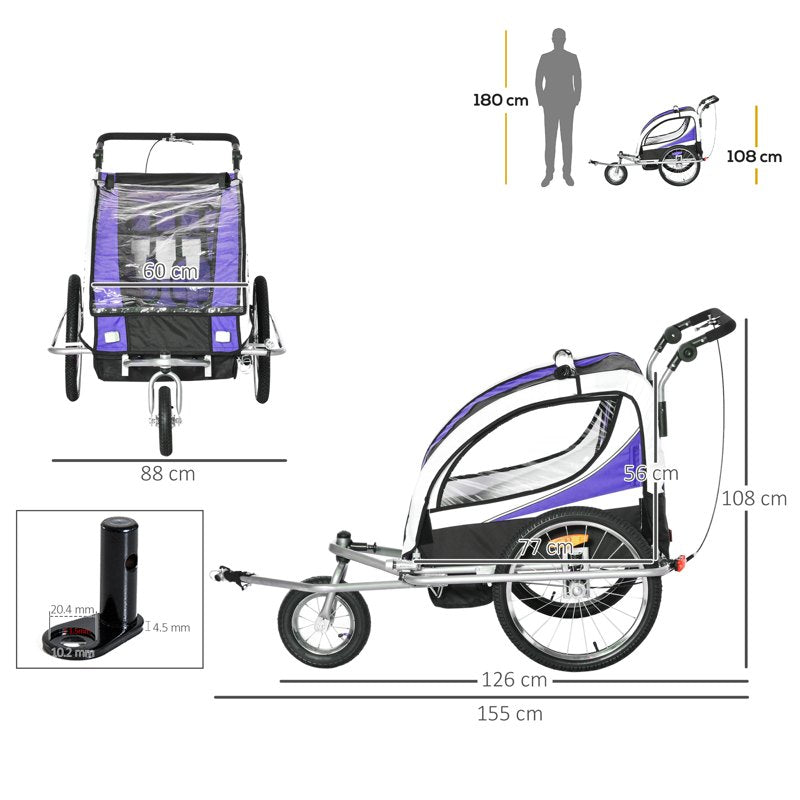 HOMCOM Child Bike Trailer Baby Bicycle Trailer 360° Rotatable for 2 Kids with Steel Frame LED Hitch Coupler Purple