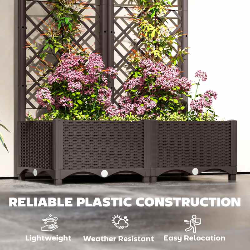 Outsunny Raised Garden Bed with Trellis, Plastic Planter Box with Drainage Holes and Drain Plugs for Climbing Plants, Vegetables, Flowers, Brown