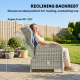 Outsunny 5 Piece Garden Furniture Set, Rattan Reclining Garden Chair Set of 2 with Footstool and Cushion for Balcony, Dark Blue