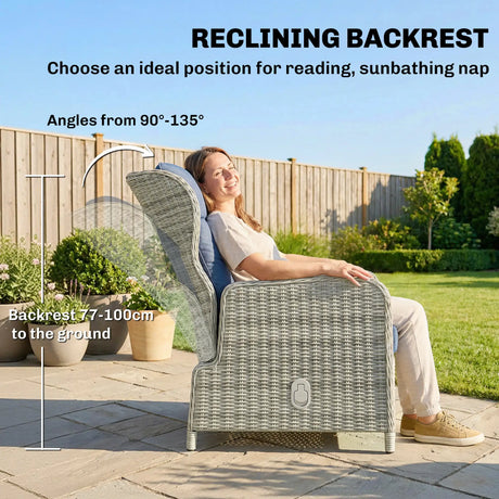 Outsunny 5 Piece Garden Furniture Set, Rattan Reclining Garden Chair Set of 2 with Footstool and Cushion for Balcony, Dark Blue