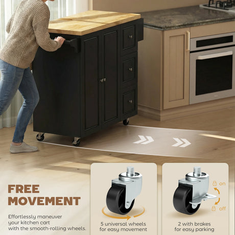 HOMCOM Kitchen Island on Wheels, Rolling Kitchen Storage Trolley with Drop Leaf, Drawers, Towel and Spice Rack, Black