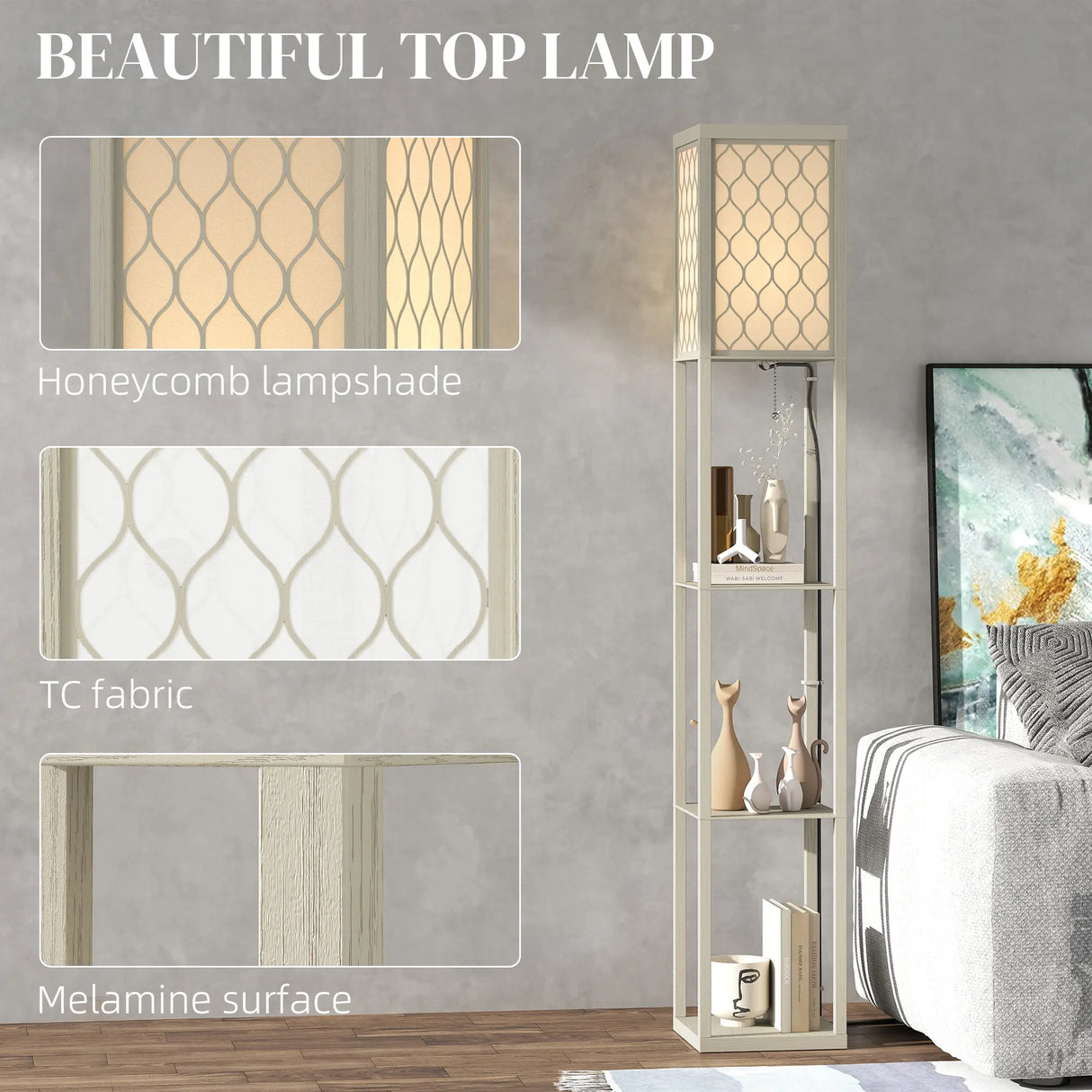 HOMCOM Three-Shelf Standing Lamp - Oak/White