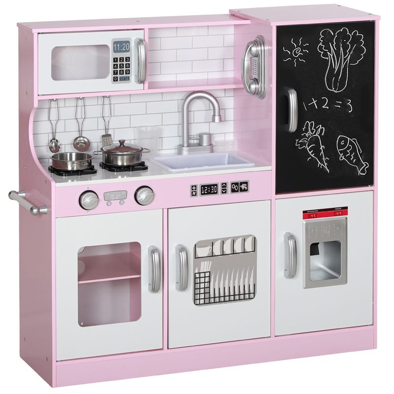 AIYAPLAY Pretend Play Kitchen, Kids Kitchen Playset w/ Toy Phone, Chalkboard, Microwave, Cooking Stove, Sink