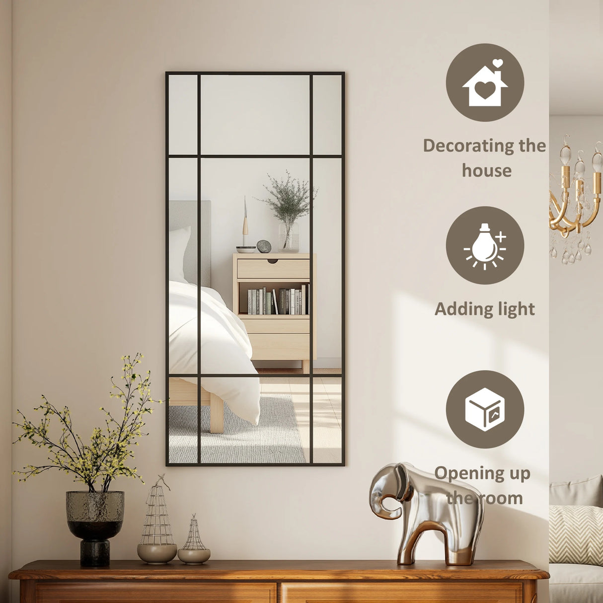 HOMCOM Decorative Grid Wall Mirror, with Back Hooks - Black